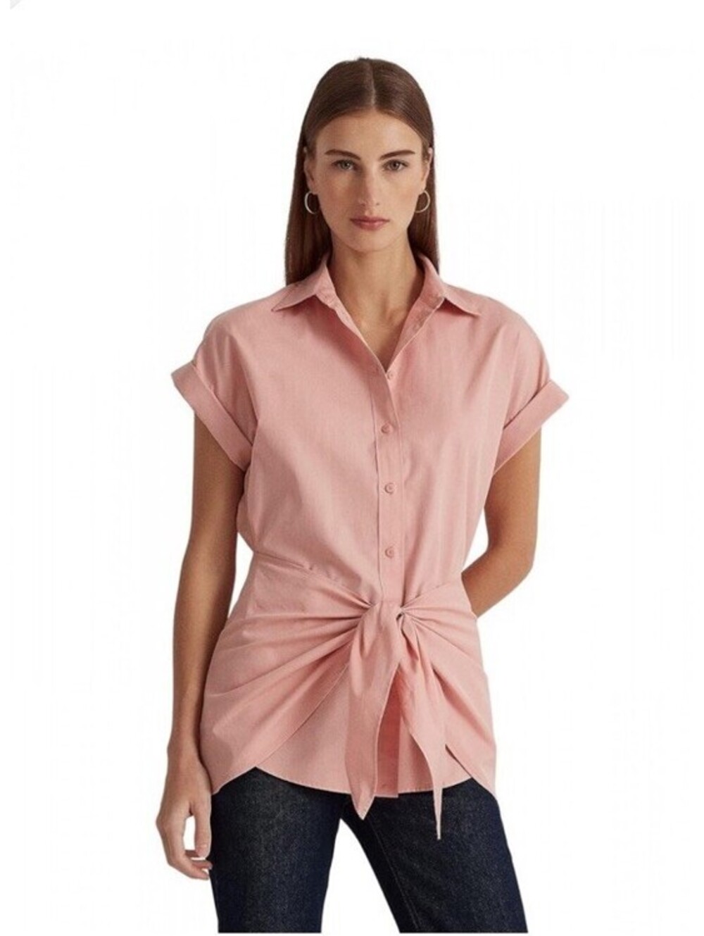 Ralph Lauren Tie Front Cotton Broadcloth Shirt Rose Tan Size Large NWT